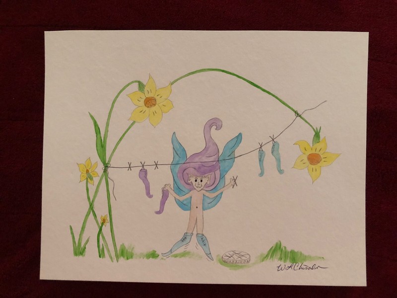 Elf Watercolor Print-Laundry-Hanging Clothes on Line – 8 1/2″ x 11″ Print