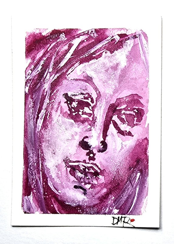 Original ACEO Female Face in Pink Painting Dulce Maria Rico «MAGENTA LONGING»