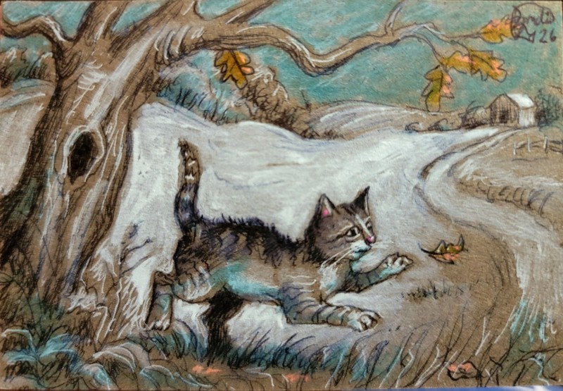 Jacob Landis WHIMSY HANDMADE ORIGINAL ACEO Sketch Kittens Cats "Tug Of War" gallery