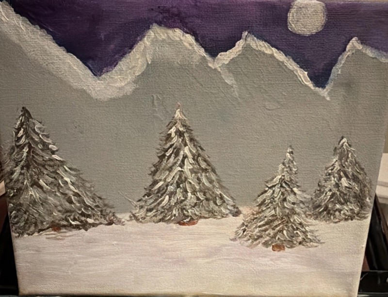 Snow Trees Mountains Moon Acrylic Painting on Canvas, Small, Original, Signed AY
