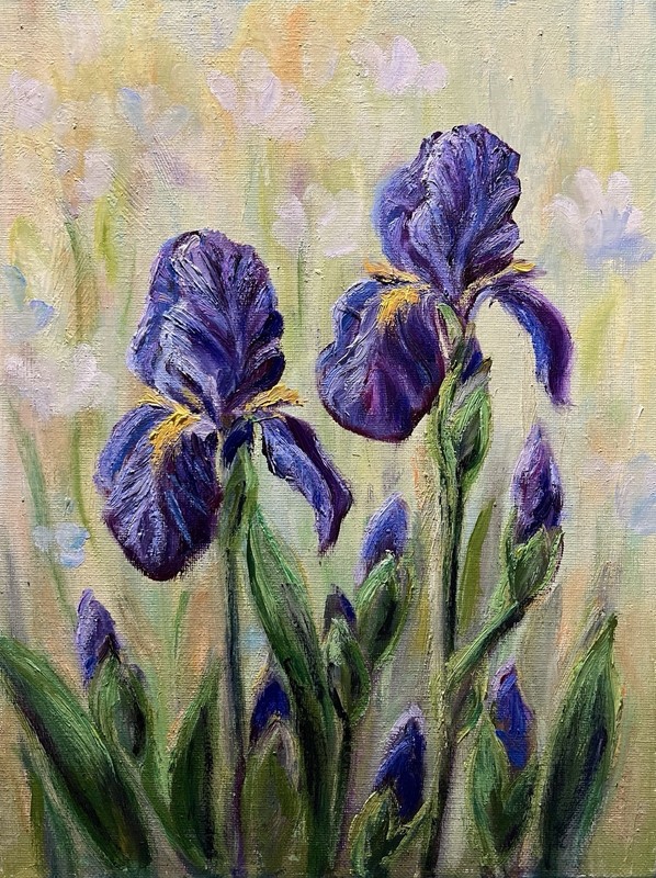 Garden Iris Wall Art 9×12 Purple Flower Original Oil painting Floral Wall Decor