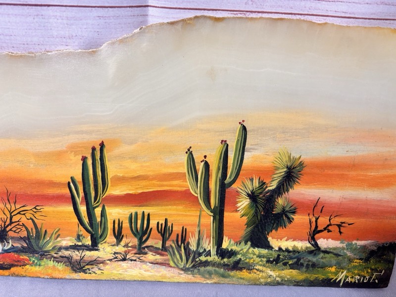Handpainted Art On Onyx Stone Slice Artist Signed Desert Cactus Sunset Nature gallery