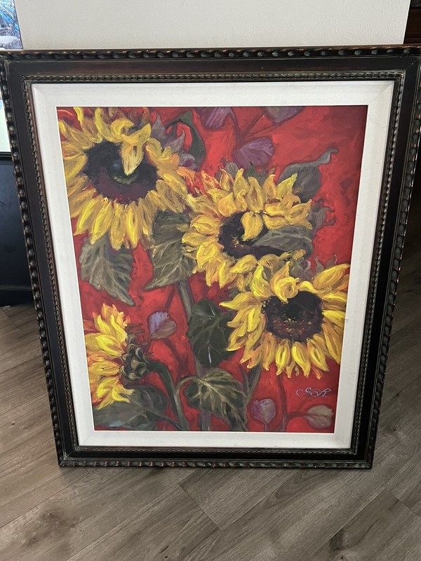 Shari White – “Sunflowers” Acrylic Painting with Antique Frame