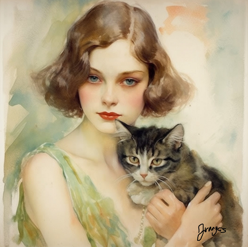Watercolor Cat Painting Art Print 1920s style Art 8.5×11 INCLUDES 11X14 MATTING