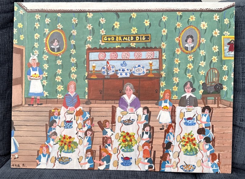 Mona Starfelt 1981 Original Oil Painting Danish God Is With You Dining Scene