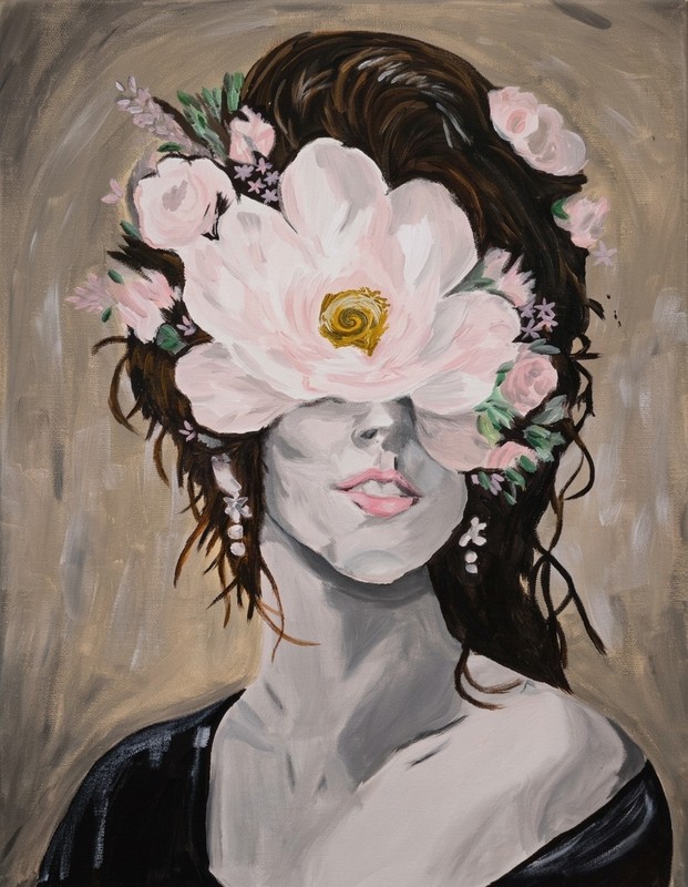 Original Acrylic Portrait 16×20 – Surreal Floral Bloom Woman – Modern Dark Art