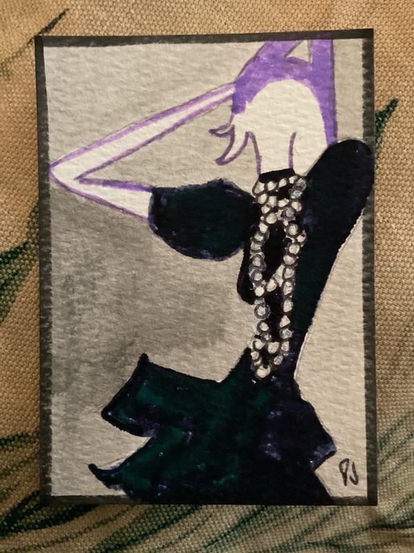 ACEO watercolor art by PJ, art card 2.5 x 3.5: lady and pearls gallery