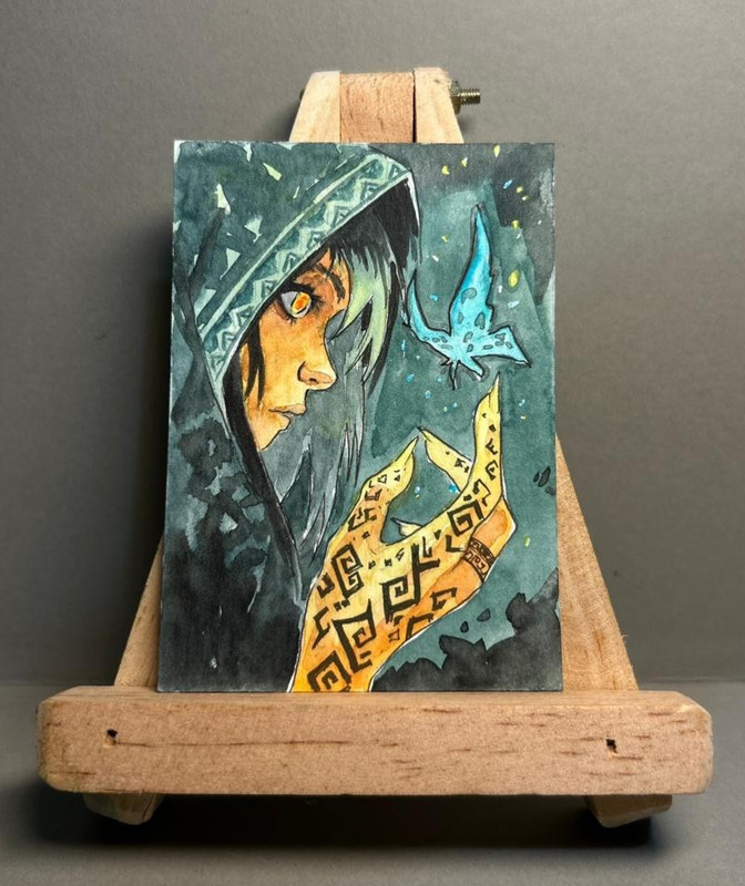 ACEO Original Watercolor Painting OOAK Fantasy Art Dark Mage Glowing Runes Bird