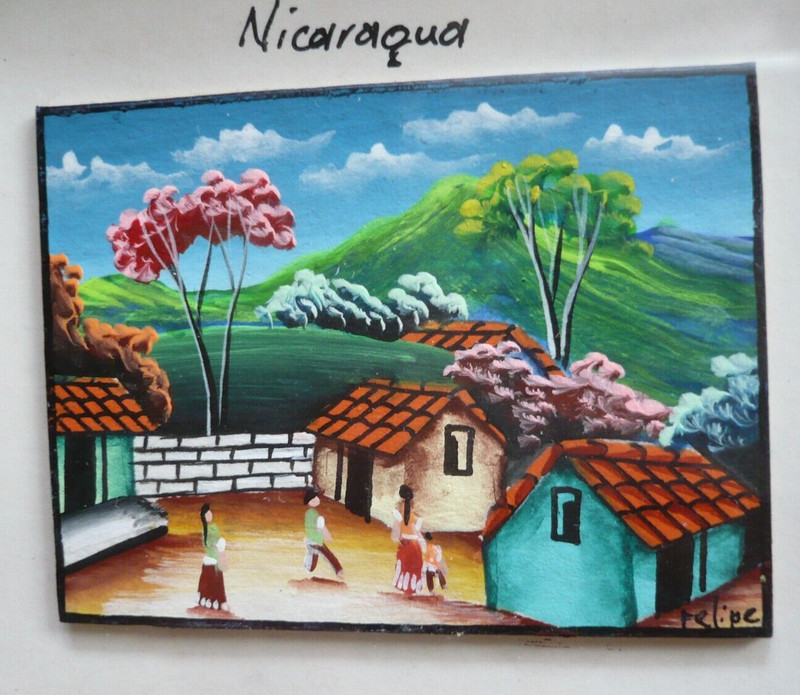 FINE VINTAGE FOLK ART NICARAGUA VILLAGE SCENE MINIATURE OIL COLORFUL LATIN ART gallery