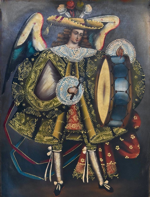 Vtg LOVELY ~ Archangel Angel MUSICA DRUM Cusco School Peru Original Oil Painting