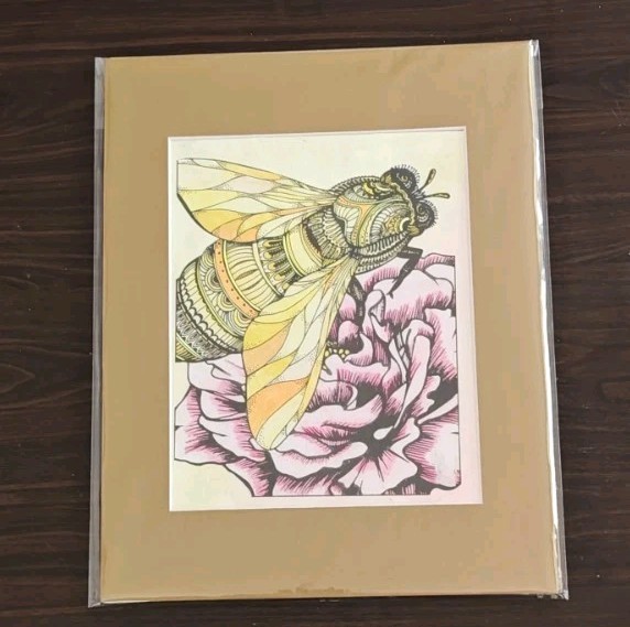 Handcolored Bee On Pink Rose, Gold Matte, Artwork, Canvas, 14″ x 11″
