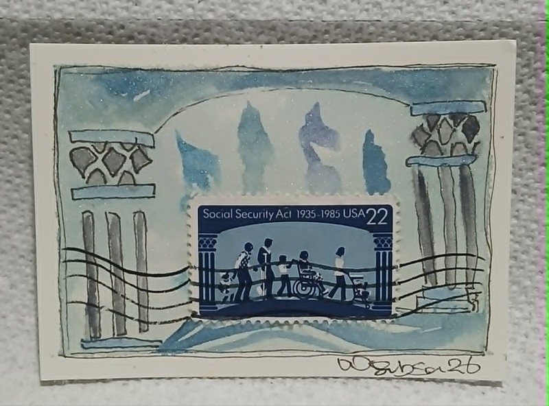 Social Security Act 1935–1985 Postal Whimsy Loose Watercolor Scribble ACEO OOAK