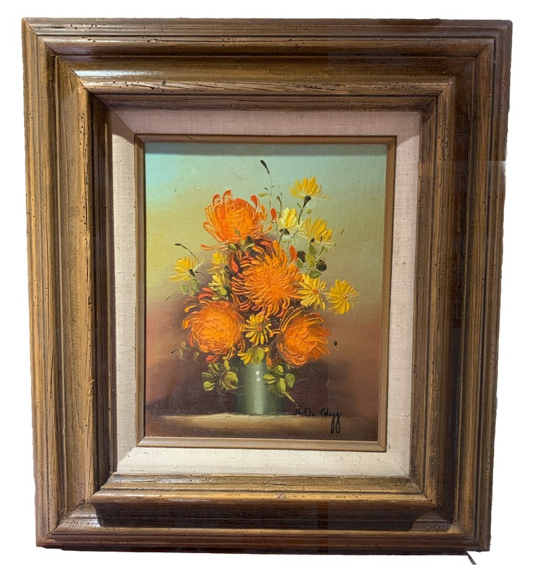 Signed Oil Painting by Hilda Clegg , Impressionist Style Orange+Yellow floral