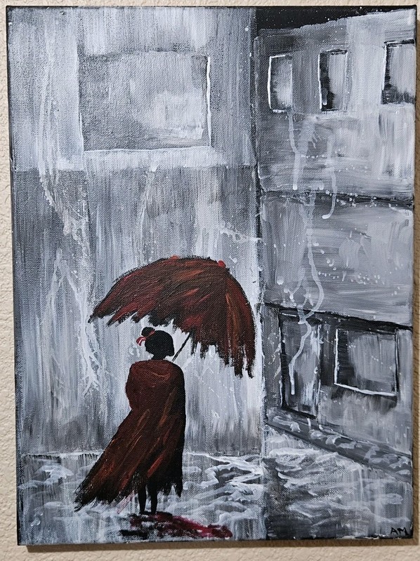 Hand Painted Wall Art «Red Umbrella» Urban City Scene Black White Red 12″ x 16″