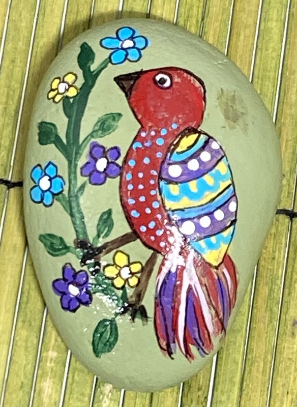 Hand Painted Red Decorative Bird on Flowering Branch River Rock One of a Kind