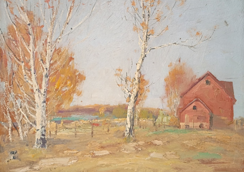 Antique Landscape Oil Painting well done 12 X20″ unsigned Farm 1930’s Barn