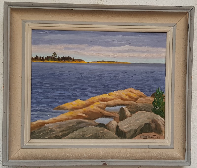 Oil painting artwork with frame painting oil painting forest lake nature 1944 year