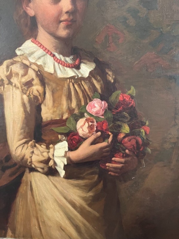 Very Large painting Full length portrait of a young lady with a posy of flowers gallery