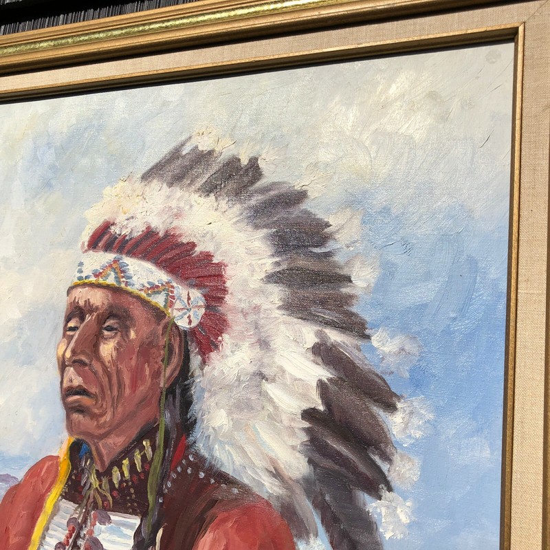 Native American Sioux Medicine Man Vintage Original Oil Painting Signed Framed