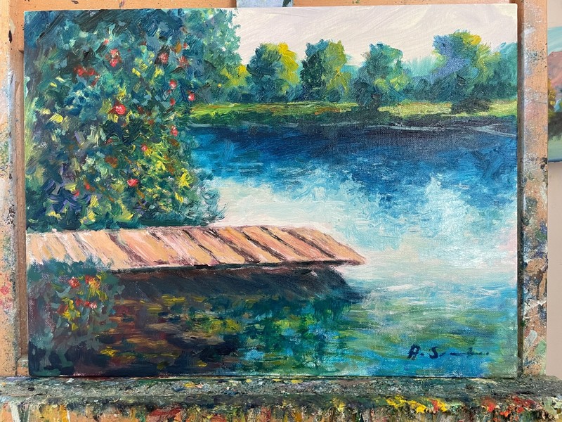 ORIGINAL OIL PAINTING LANDSCAPE LAKE DOCK IMPRESSIONIST WALL ART 12x16 gallery