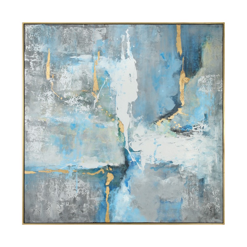 Oversize Abstract Gold Gray Blue White Modern Art Painting | 61″ Square Framed