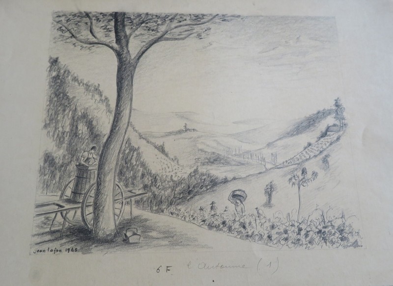 Jean LAFON (born 1903) GRAND DRAWING LANDSCAPE SEASON AUTUMN VINE HARVEST 1943