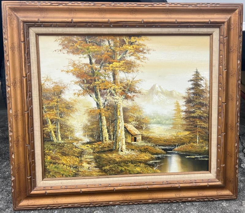 Vintage Mountain Landscape Forest Oil Painting Art Home Trees Stream Forest Path