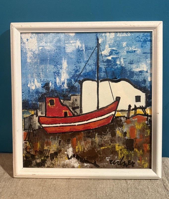 MCM Signed WILNER Nautical Harbor Scene Red Fishing Boat 12″ FRAMED EUC