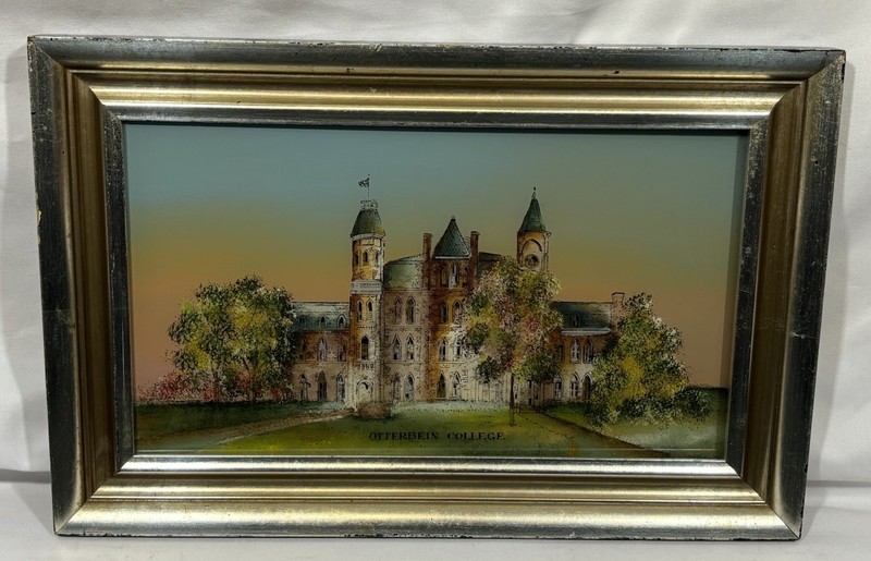Vintage Otterbein College Reverse Glass Painting in Silver & Gold Gilt Frame