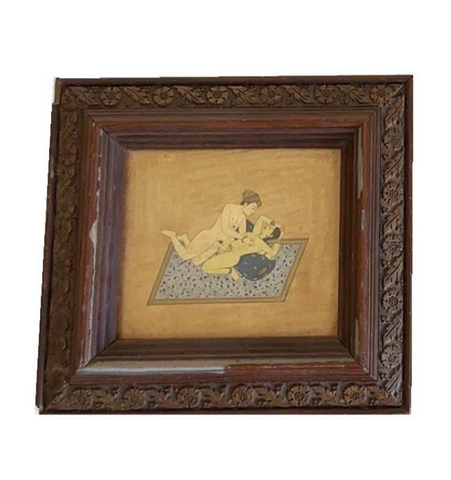 Antique 19thC Persian Mughal Karma Sutra Handpainted Miniature Nude Carved Frame