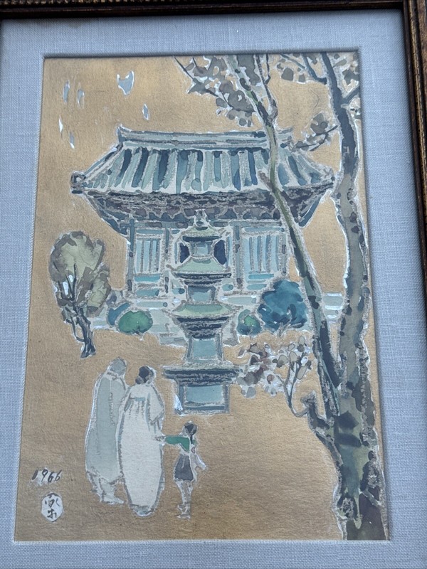 VINTAGE PAINTING TEMPLE ILLUSTRATION STYLE MODERNIST MYSTERY SIGNED 1966 gallery