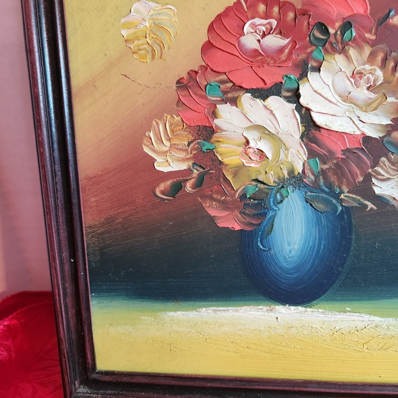 painting-flowers in vase 9 x 10, vintage plastic frame, vibrant colors gallery