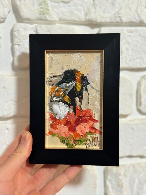 Framed Original Painting Bumblebee Honey Bee Impasto Flower Oil Signed Art gallery