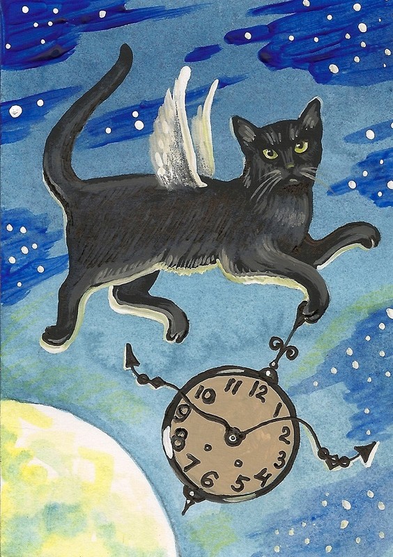 ACEO PRINT OF PAINTING RYTA FOLK ART BLACK CAT HALLOWEEN CLOCK XMAS ANGEL MOON