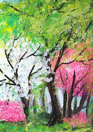 ACEO Original PAINTING Spring TREES Pink Flowers Sun Nature Landscape ATC ART
