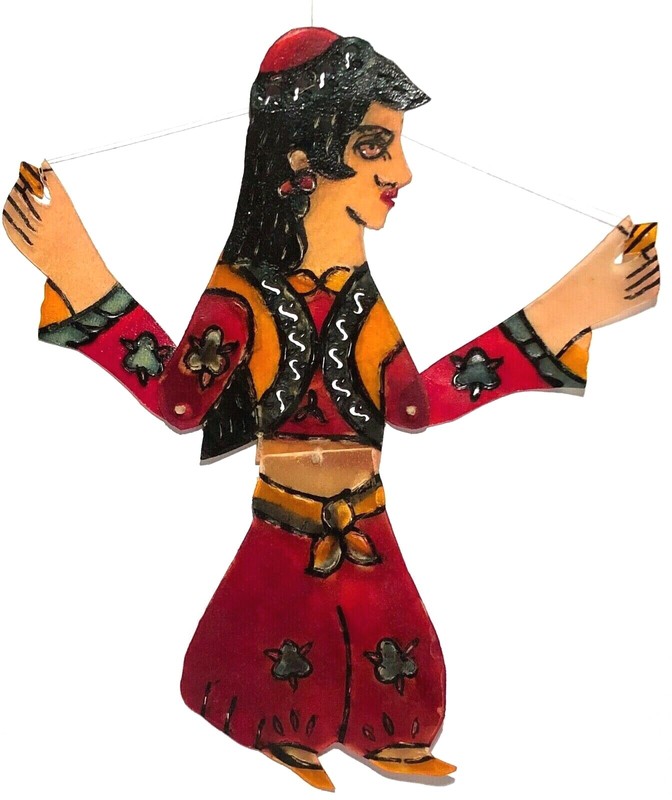 VINTAGE KARAGOZ TURKEY HAND PAINTED LEATHER SHADOW PUPPET FIGURE FOLK ART gallery