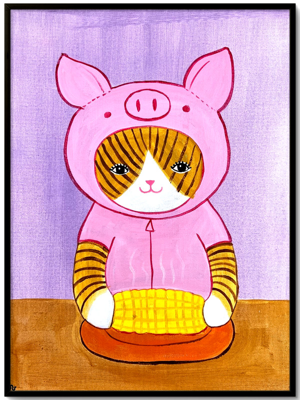 Cat & Sweet Corn Original Folk Art Painting 12×16- Foodie Friends – Sienna Gold