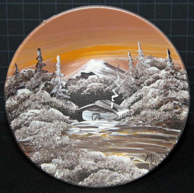 Hand painted Gold Pan Alaska in Oils Winter Scene Signed «MH» Vintage 1989