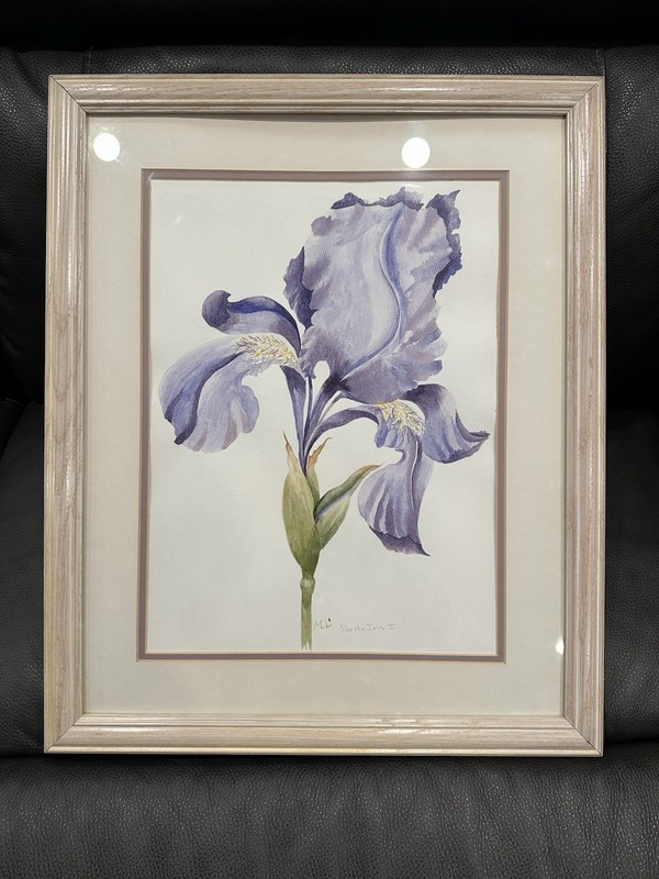 Soft Purple Floral Still Life Watercolor Painting Origina Iris Flower Art Signed