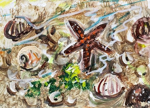 ORIGINAL ACEO Painting BEACH SHELL Ocean Sand Star Fish Summer Shore Sea ATC ART