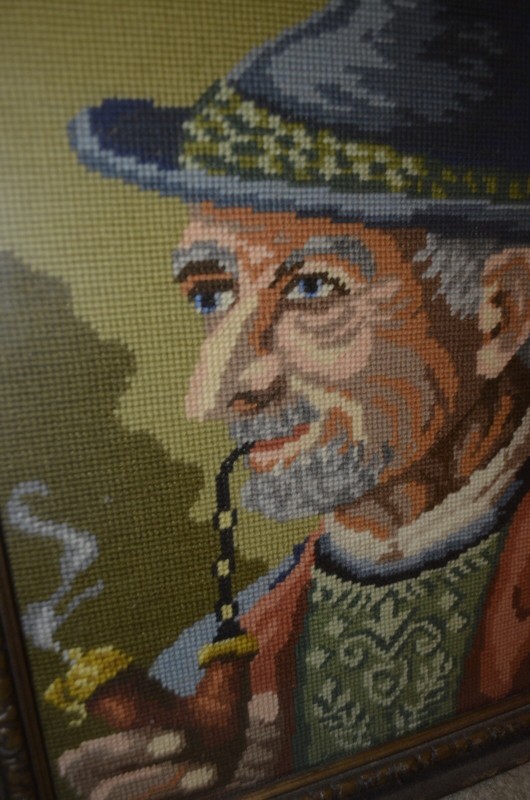 Pipe Smoking Irish Man Leprechaun Original Needlepoint Framed Folk Art VTG 50s