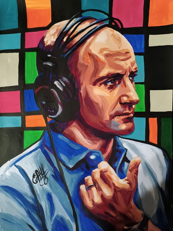 original pop art portrait of Phil Collins, retro music, paper, acrylic, handmade