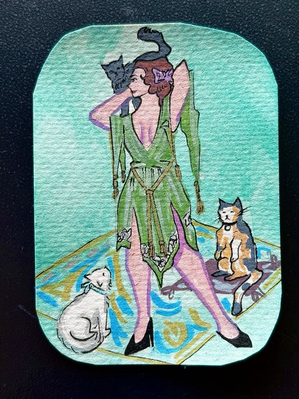 ACEO Original Pinup Lady With 3 Cats Acrylic on Paper 2.5×3.5 by BrieMcDoodles