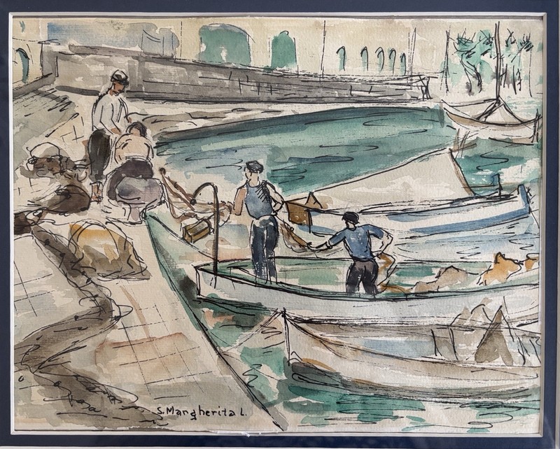Vtg Framed Pen & Ink Watercolor Painting SANTA MARGHERITA Italy Fishermen Boats gallery