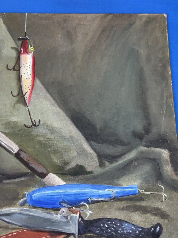 C.1970 Painting on Canvas Board ~ Fishing Creel, Rod, Lures, Knife ~ Camp Decor! gallery