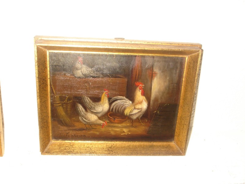 Antique oil painting, 2. {H. van Tankeren 1900 – 1980, White rooster+ chickens}.