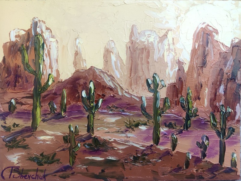 Arizona Original Oil Painting Desert Landscape Cactus Sky Hand Painted Art 12×8
