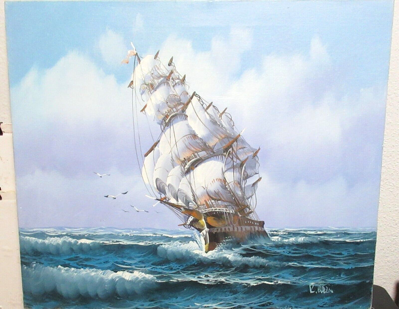 R. BOREN CLIPPER SHIP ORIGINAL OIL ON CANVAS SEASCAPE PAINTING UNFRAMED