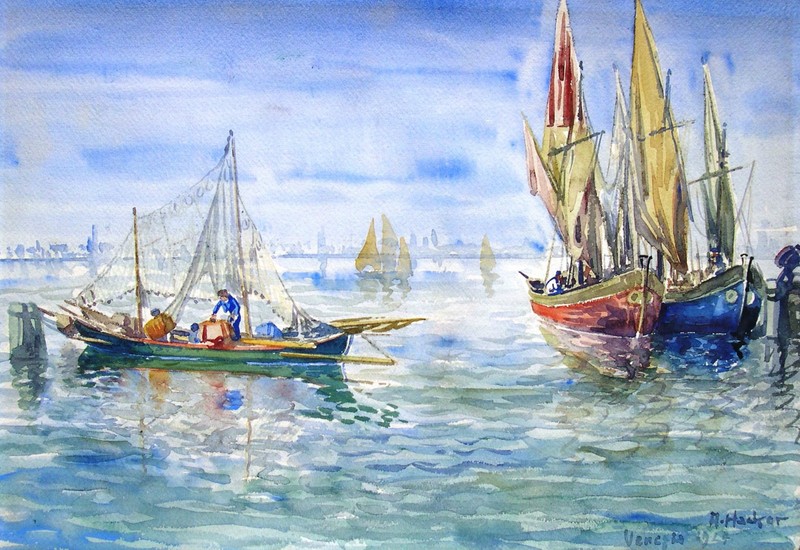 Adolf Hacker 1873-1943 Heidelberg / Aquarell «Venedig am Lido» Mai 1924 signiert