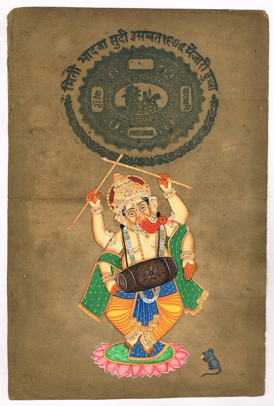 Handmade Lord Ganesha Painting OF Hindu Religious Art on Old Stamp Paper9X13.5″